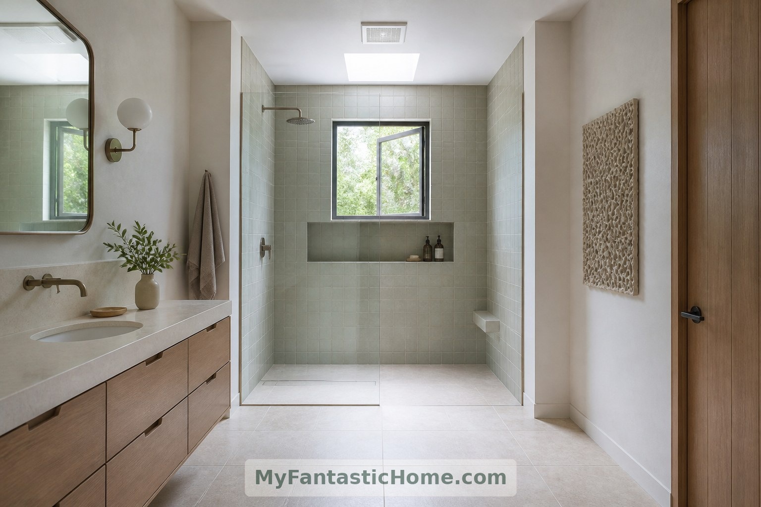 Il bagno immaginario mantiene gli elementi decorativi in materiali fungini lontani dagli spruzzi della doccia e dalle altre superfici bagnate.
