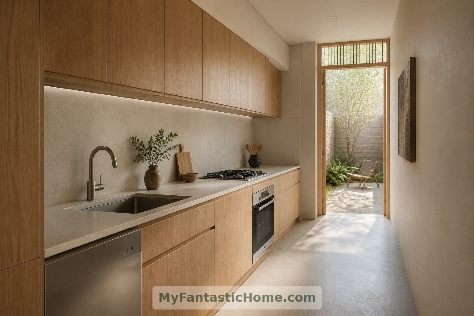 I mobili disposti su una sola parete mantengono libero il passaggio operativo della cucina in questa configurazione immaginaria.