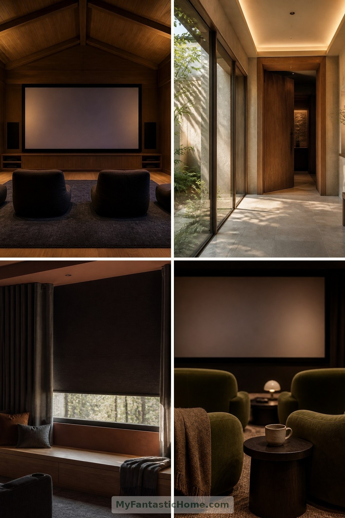 Un cinema in casa oltre il seminterrato: progettare una sala proiezioni intima — copertina con quattro immagini
