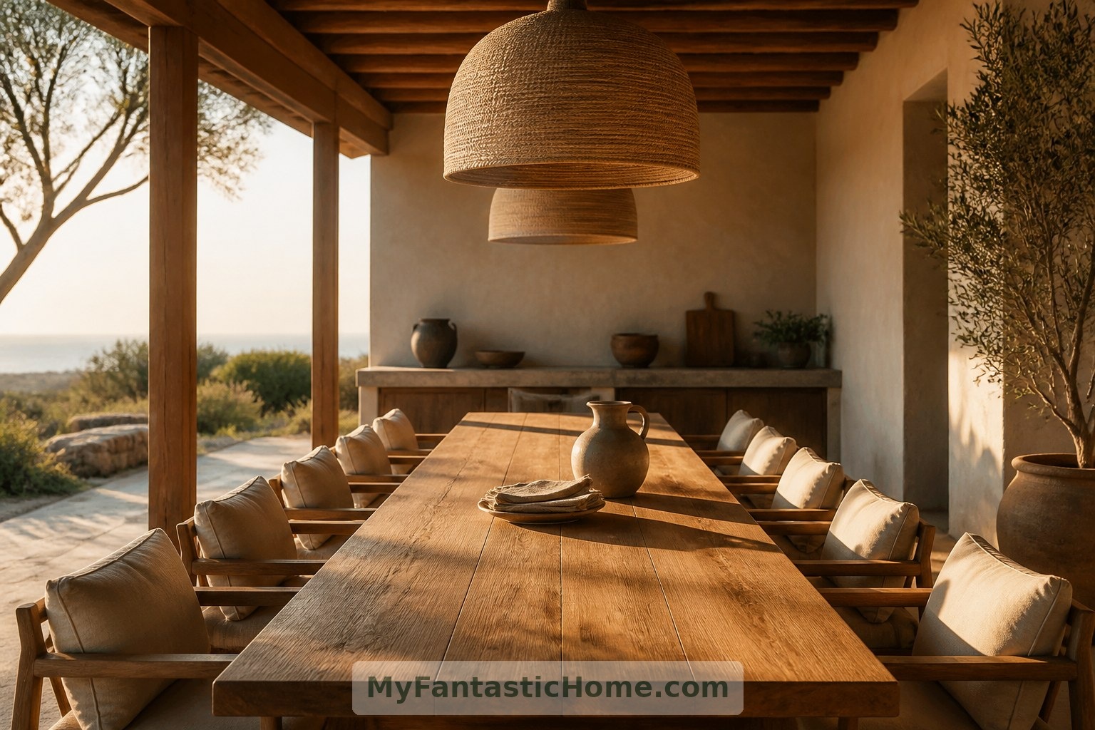 Il padiglione da pranzo immaginario adotta un approccio domestico, con un tavolo comune in legno e arredi semplici, dalle qualità tattili.