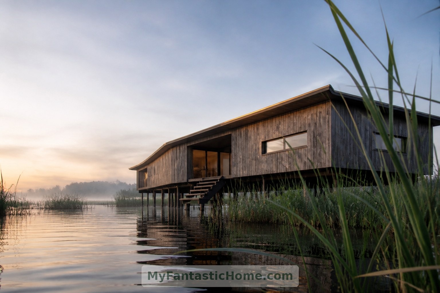 Vista dall’acqua, la casa immaginaria in legno incornicia una visuale aperta sotto il suo piano di calpestio sopraelevato.