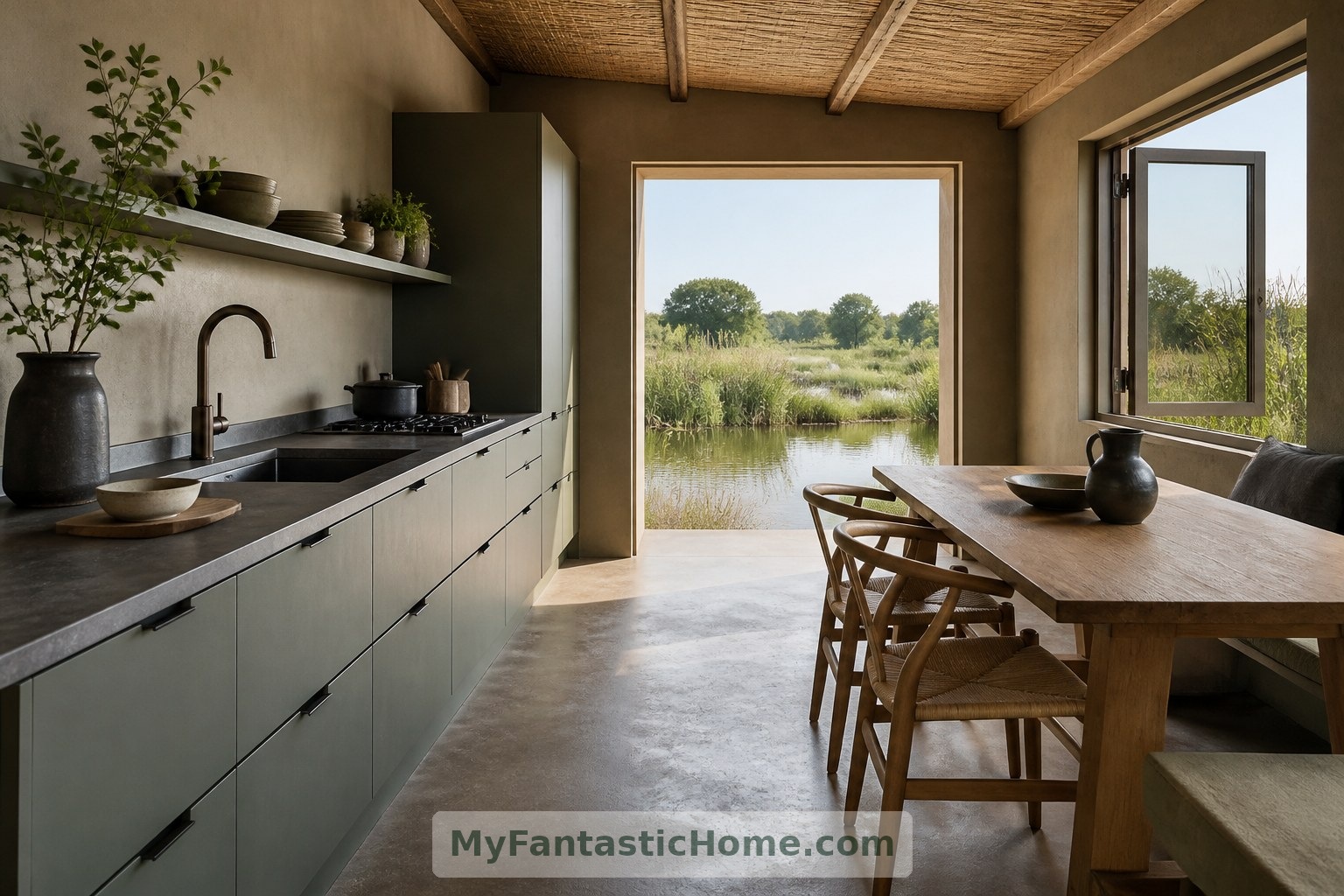 I mobili verde tenue mantengono sobria la cucina del progetto concettuale, lasciando che il panorama della zona umida ne sia il punto focale.