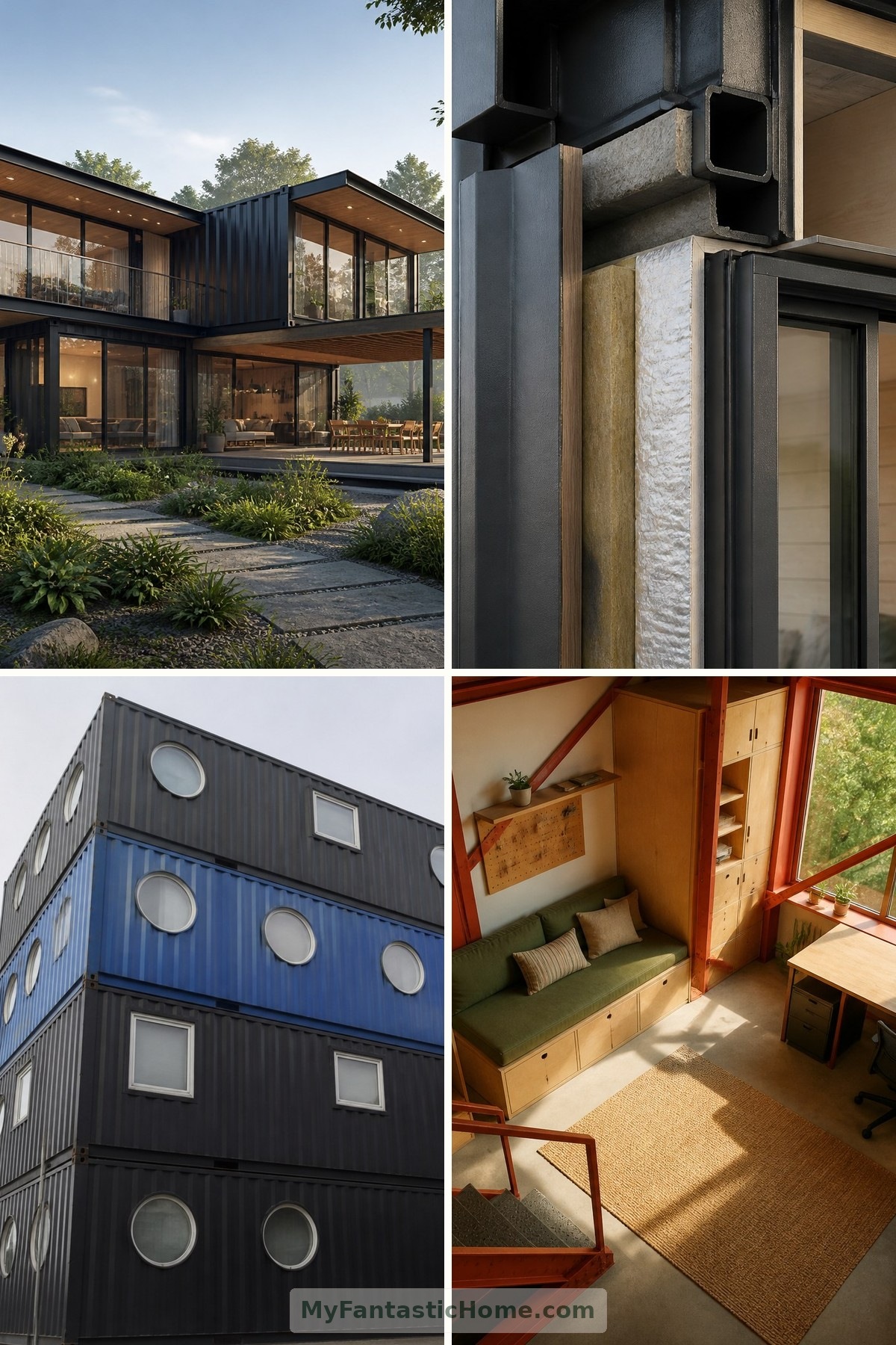 Oltre il container: edifici straordinari fatti di scatole d’acciaio sovrapposte — copertina con quattro immagini