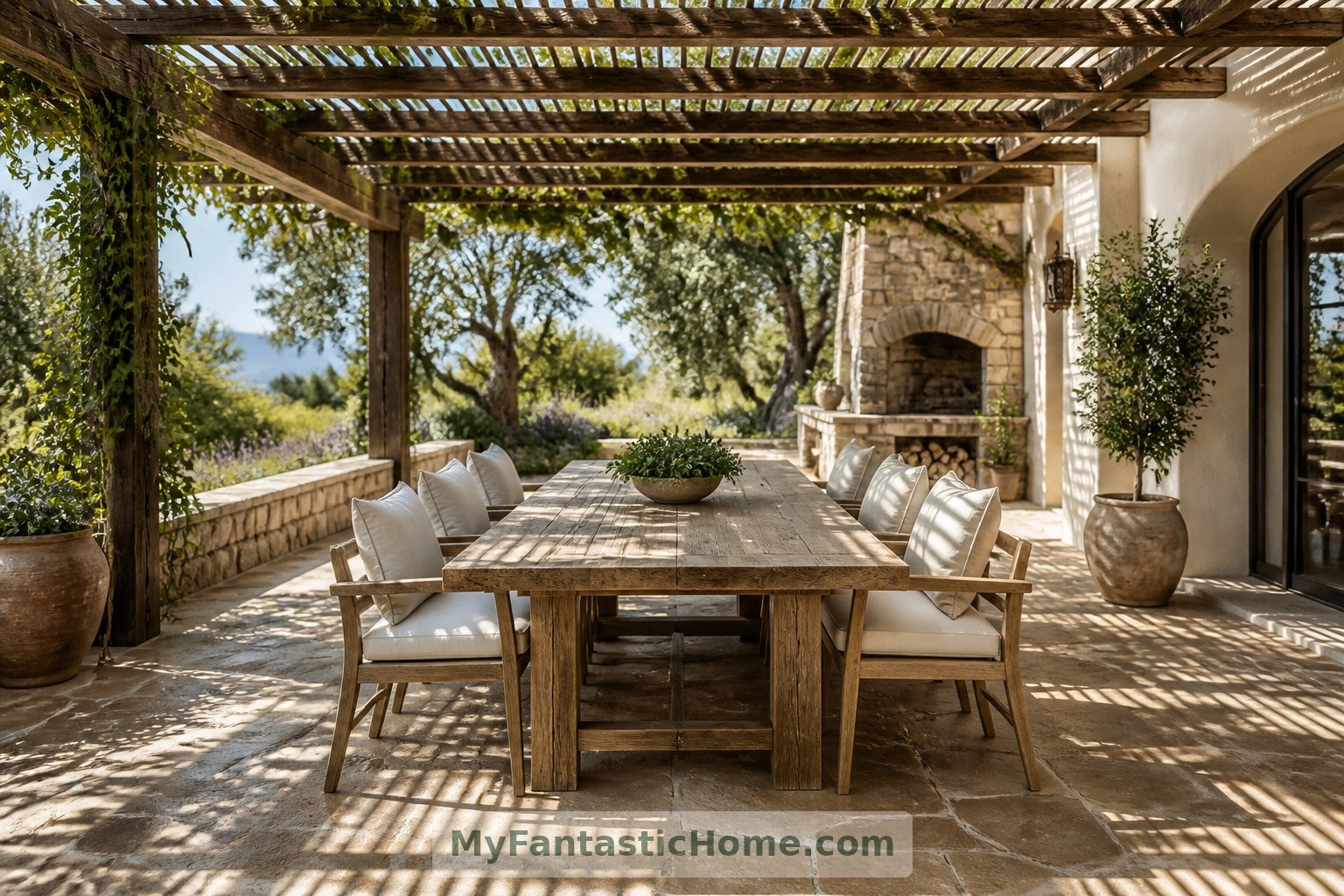La terrazza da pranzo unisce l’ombra di una pergola aperta allo spazio libero intorno al tavolo.