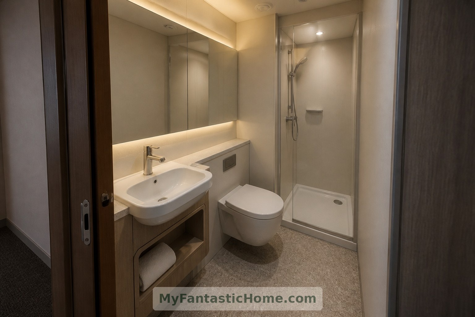 Hayalî tren banyosunda duş, tuvalet ve dar lavabo küçük bir alanda bir araya geliyor.