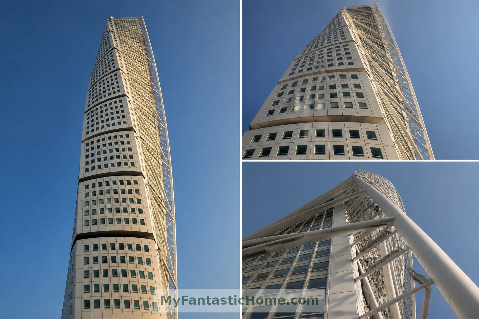 Gerçek yapı: Aşağıdan yukarıya bakış, Turning Torso’nun açık renkli cephesini ve dış taşıyıcı iskeletini vurguluyor.