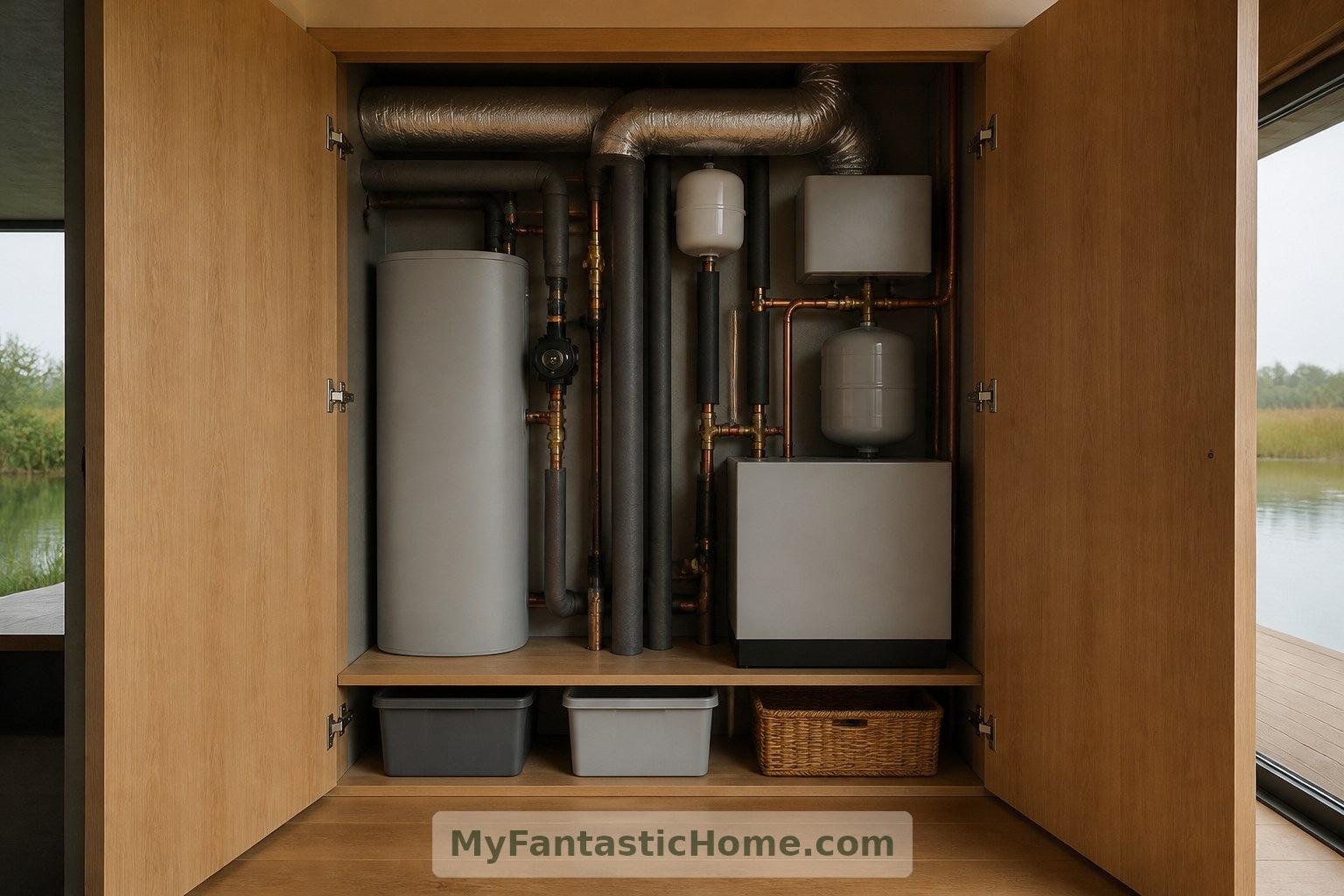 Kolay erişilebilir bir tesisat dolabı, bu kurgusal evin ihtiyaç duyacağı pratik altyapıyı da hesaba katıyor.