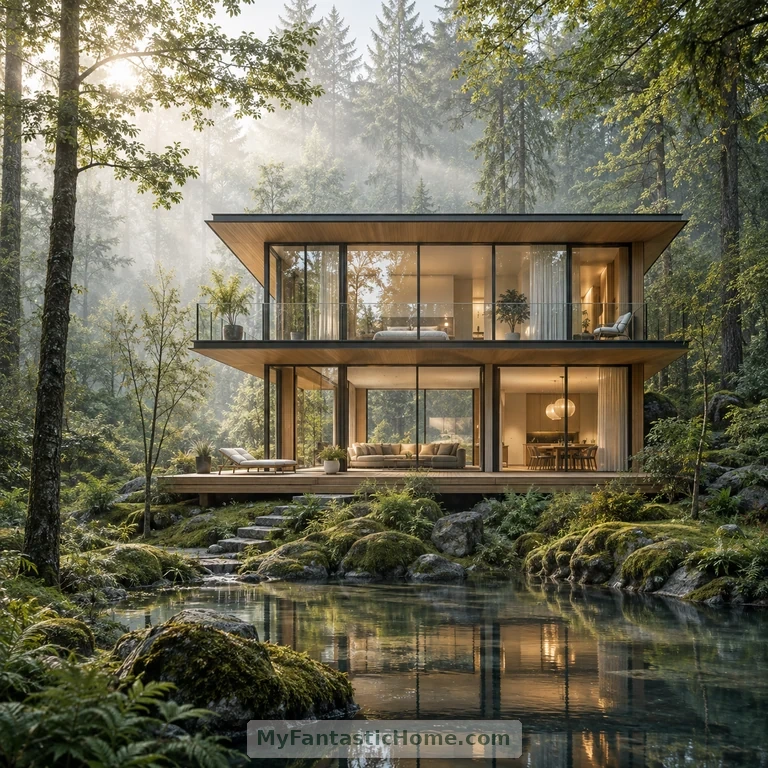 Modern glass dream home in a tranquil forest — AI-generated concept